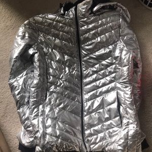 Silver puffy coat with detachable hood